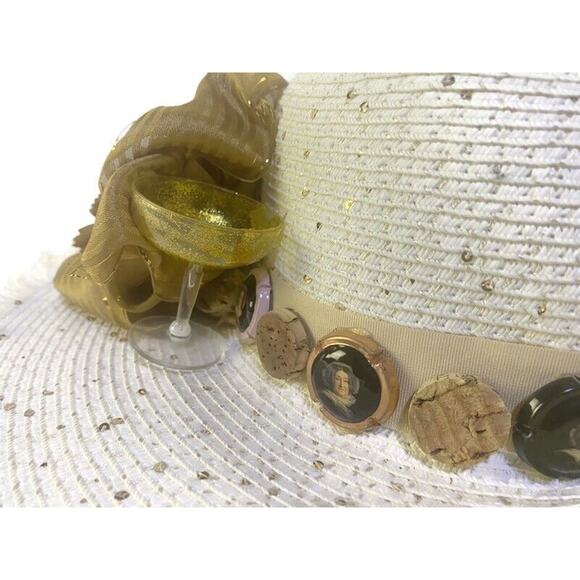 Falls Creek Women's Summer Hat  Wine Motif With Sunflower White & Tan Wide Brim - Picture 7 of 8